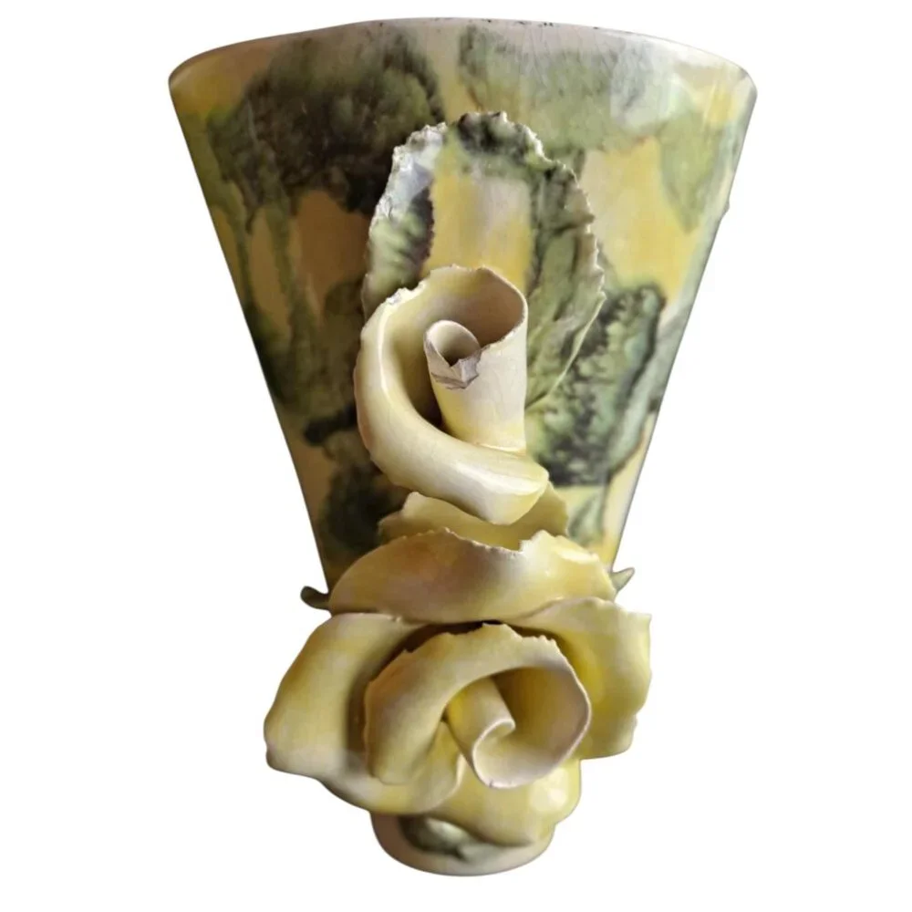 Vtg Lora Aileen Cali Green & Yellow Floral Capodimonte Wall Pocket Vase Set